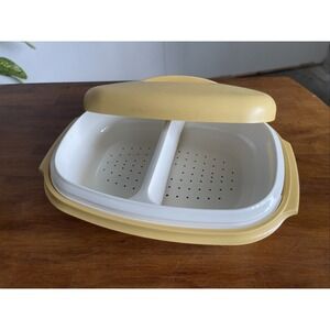 Vintage TUPPERWARE 4pc Divided Vegetable Microwave Steamer Harvest Gold